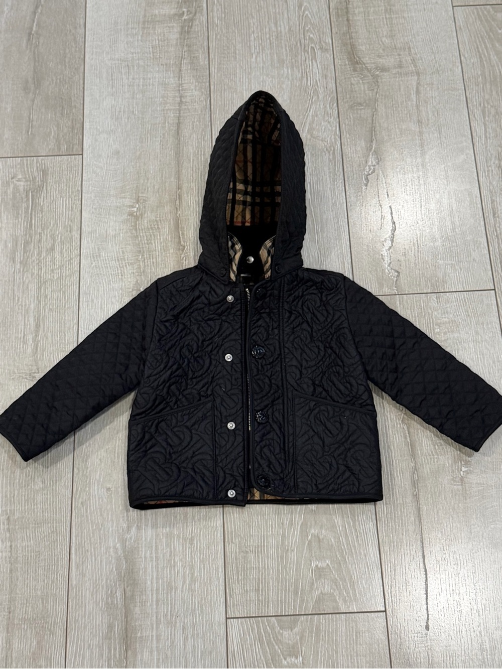 Burberry Black Quilted Hooded Puffer Jacket for Kids 18 months